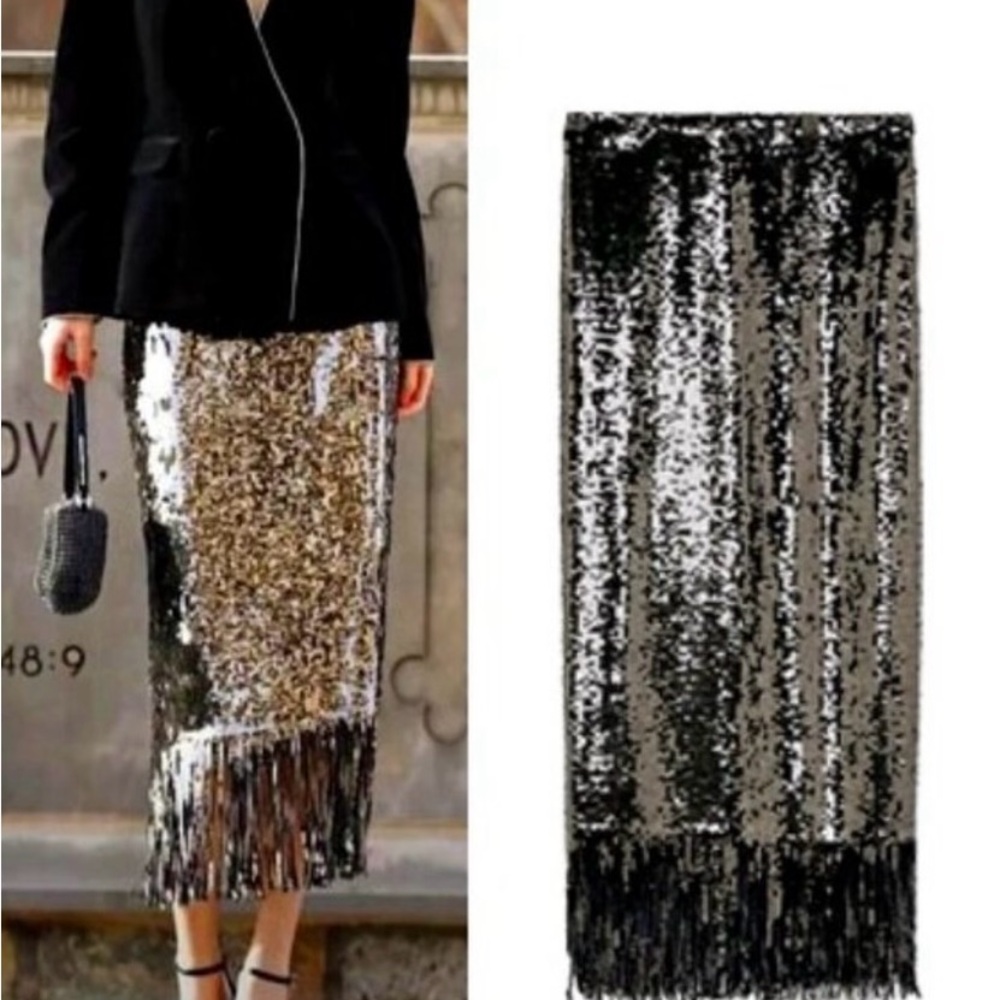 Zara Black and Silver Sequin Midi Skirt